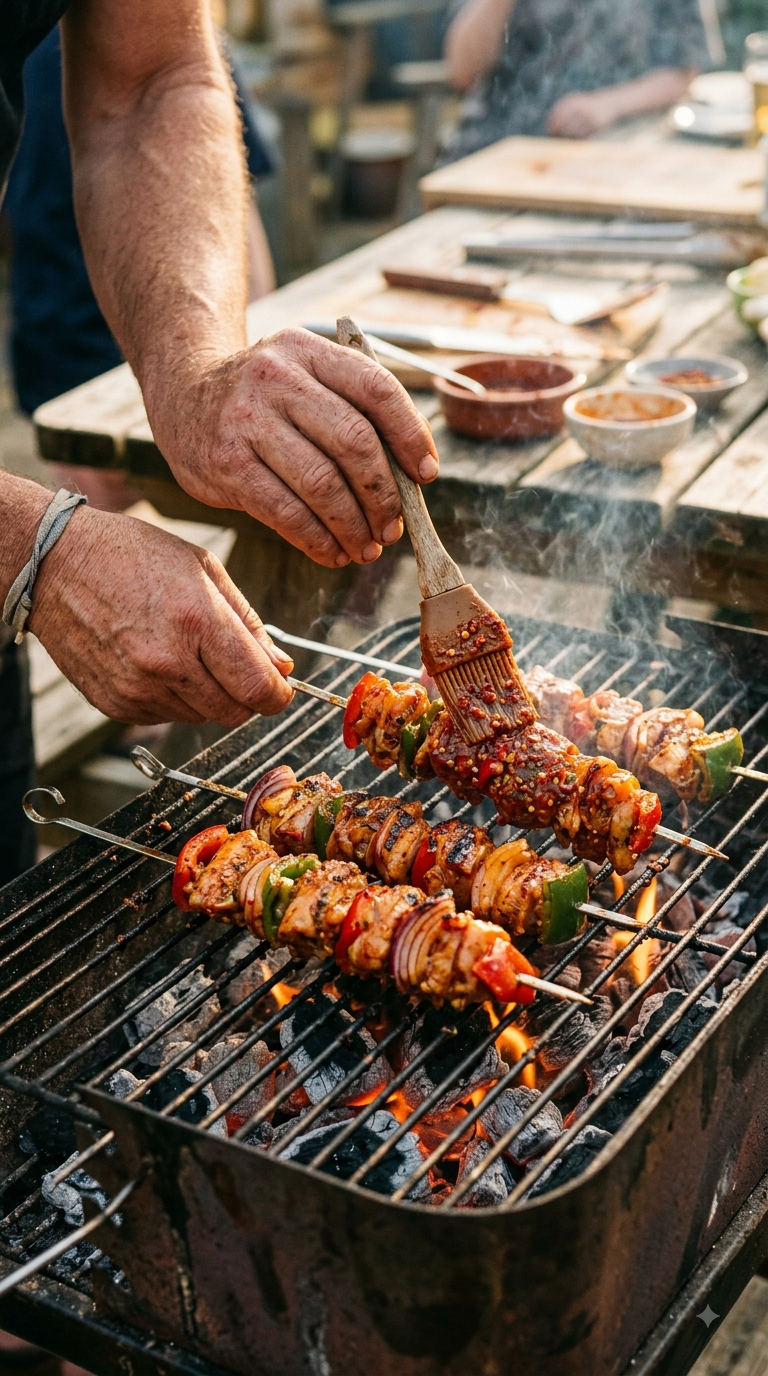 Mains badigeonnant les brochettes de marinade au piment
