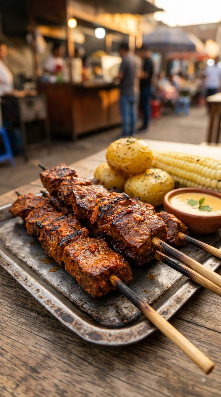 Brochettes d’anticuchos grillées, croûte épicée bien visible