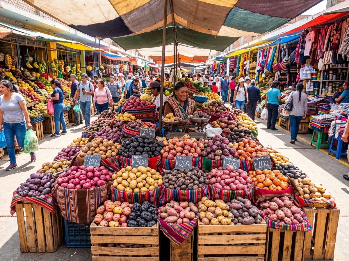 Marché de Lima avec étal de pommes de terre péruviennes colorées
