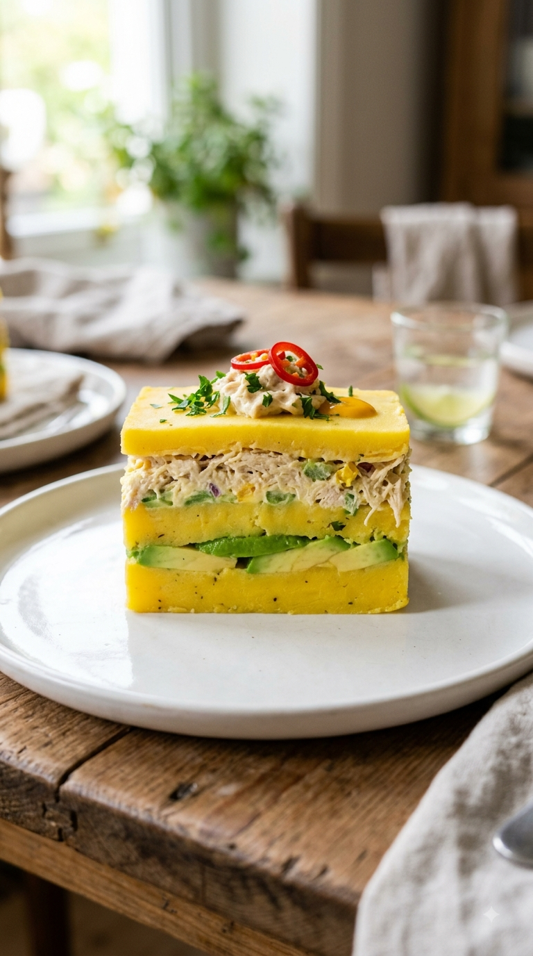 Causa limeña démoulée, couches colorées bien visibles à la coupe