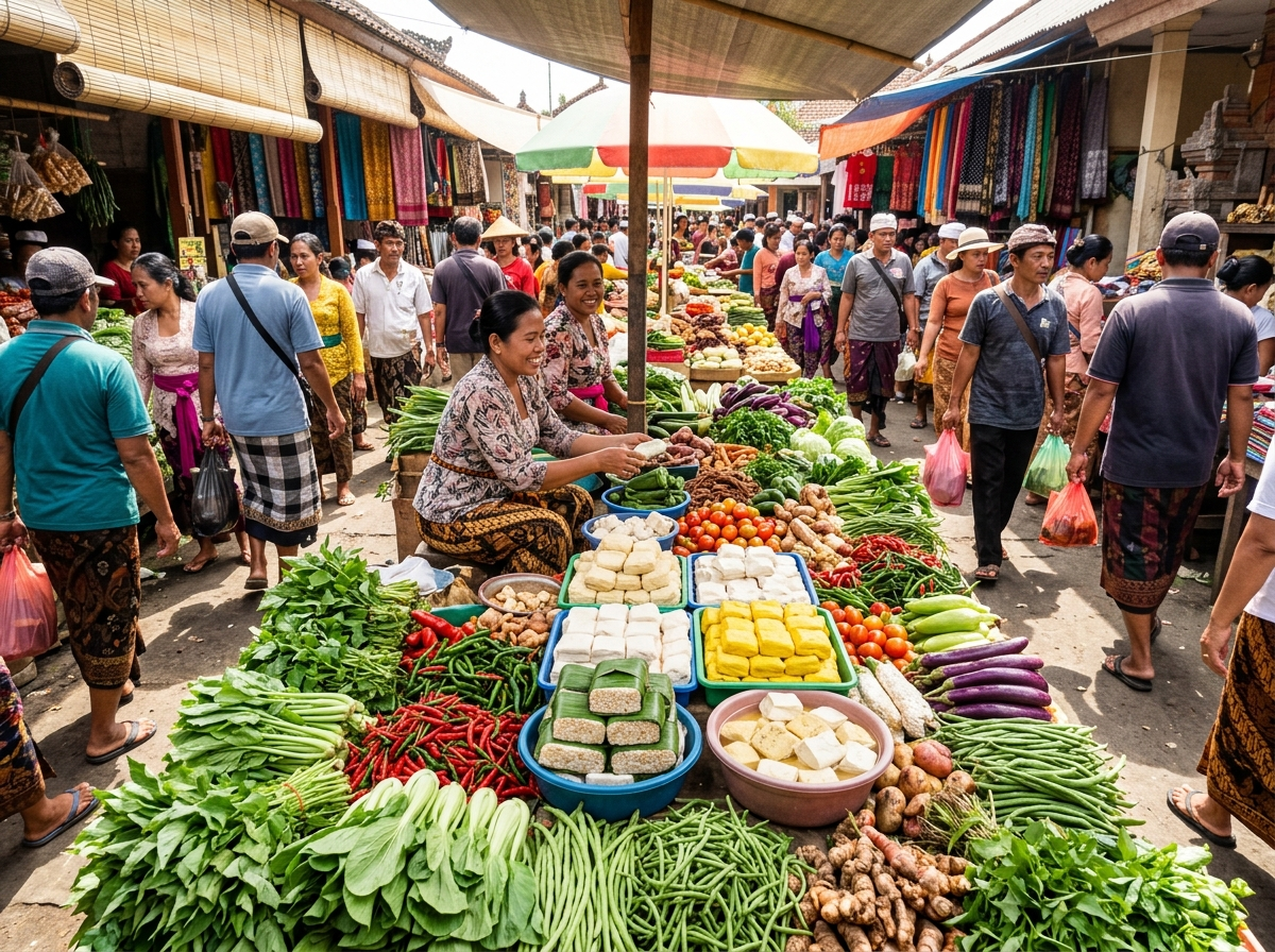 Marché indonésien avec étal de légumes et tofu colorés