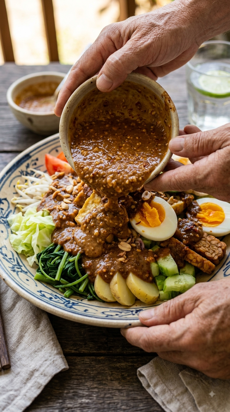 Mains versant la sauce cacahuète sur les légumes composés