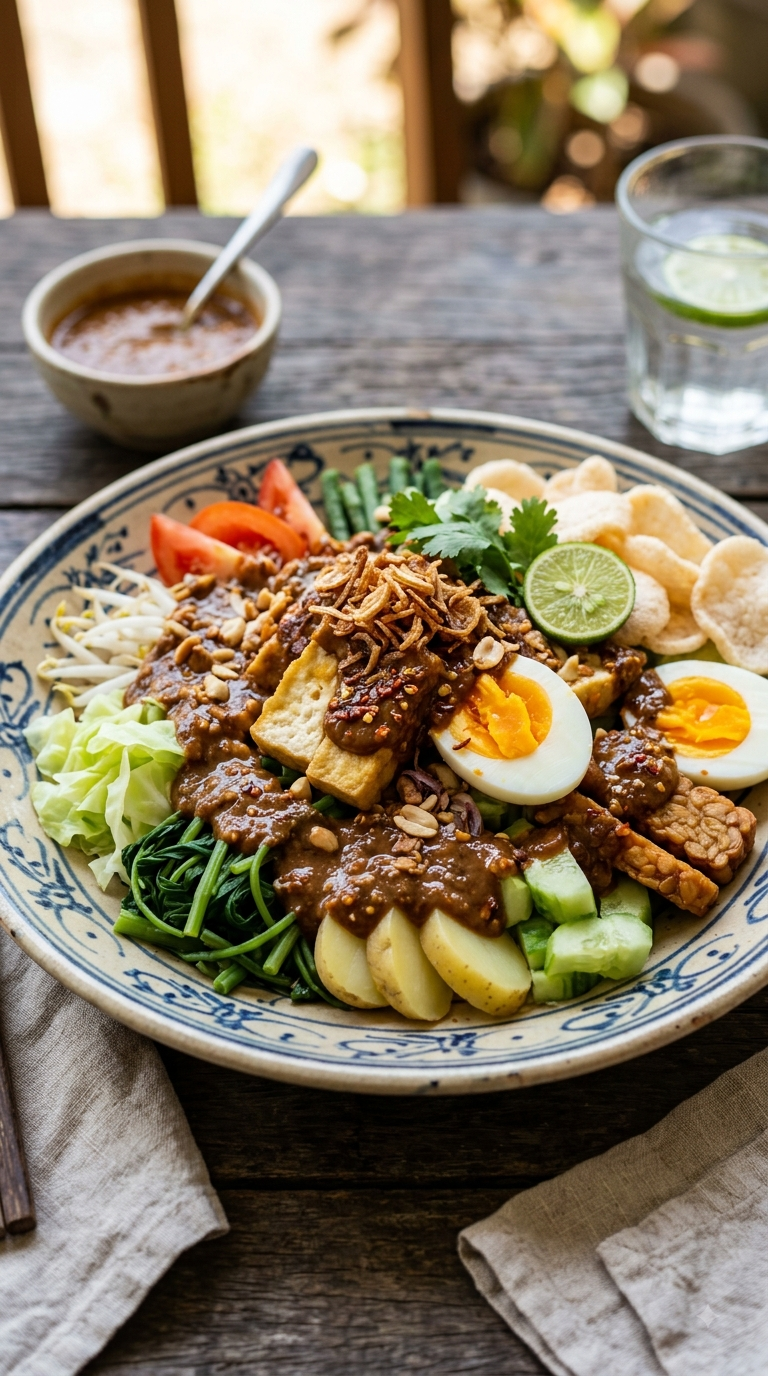 Gado-gado coloré, sauce cacahuète nappant généreusement les légumes