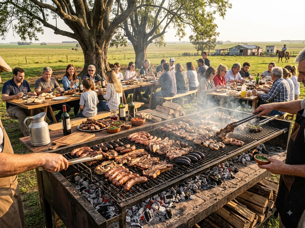Asado argentin animé avec grill fumant en plein air