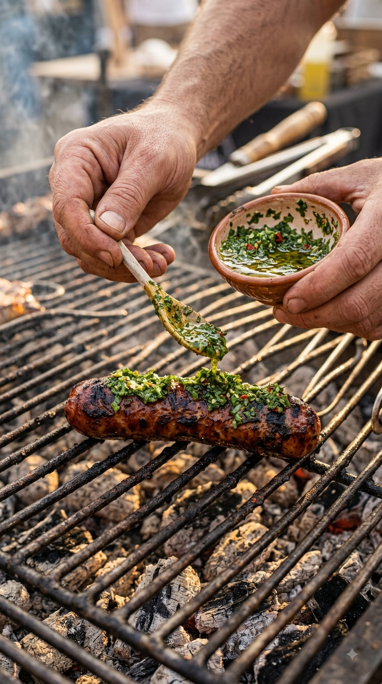 Mains versant le chimichurri sur la saucisse grillée