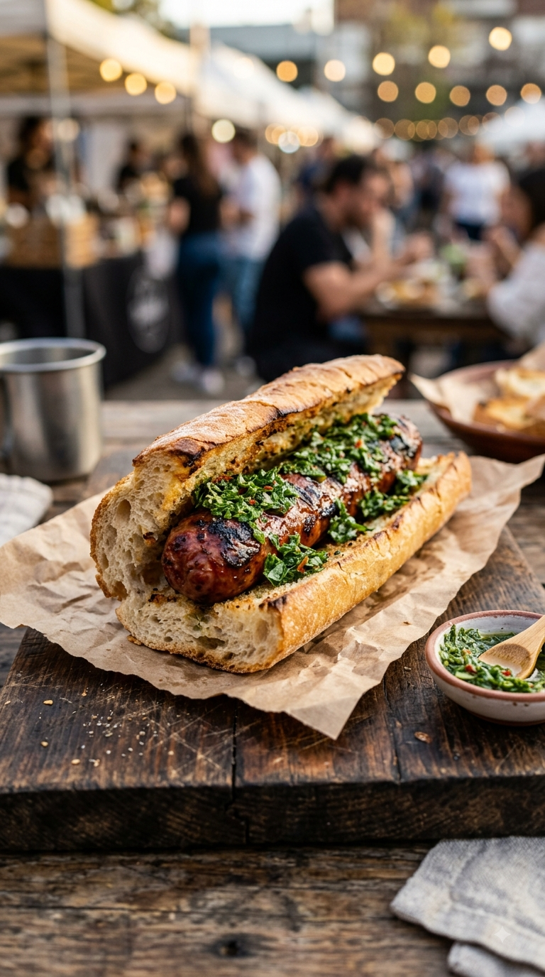 Choripán généreux, chimichurri vert bien visible sur la saucisse