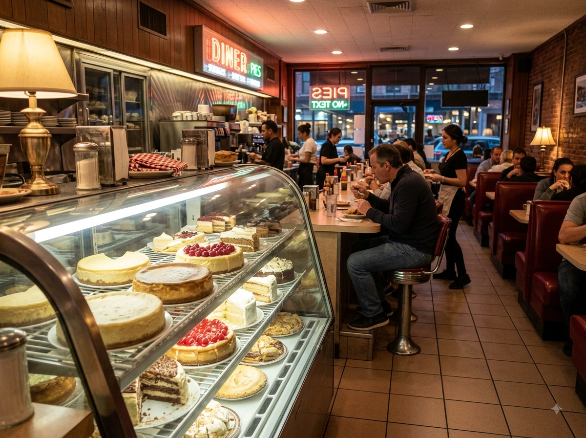 Diner new-yorkais traditionnel avec vitrine de pâtisseries
