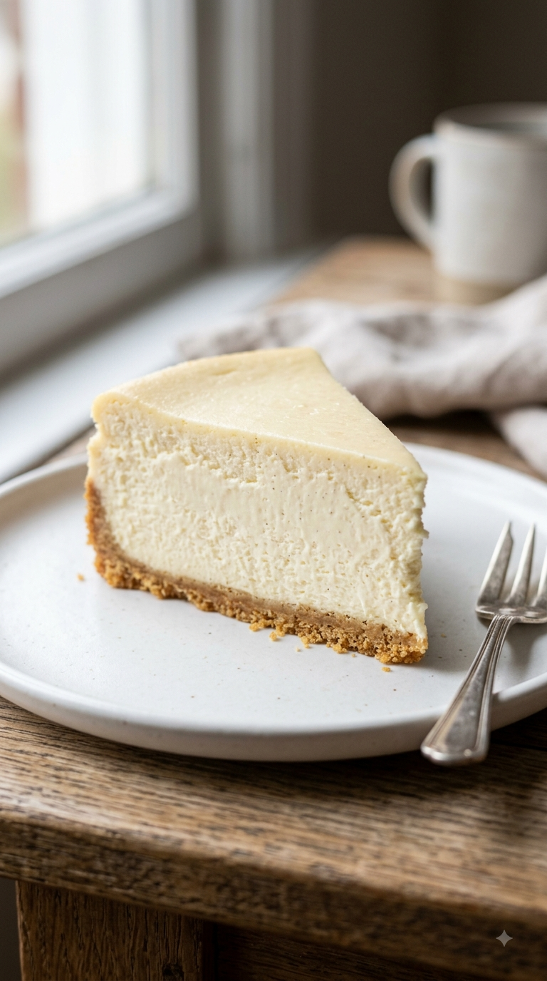 Part de cheesecake coupée, texture crémeuse et dense bien visible