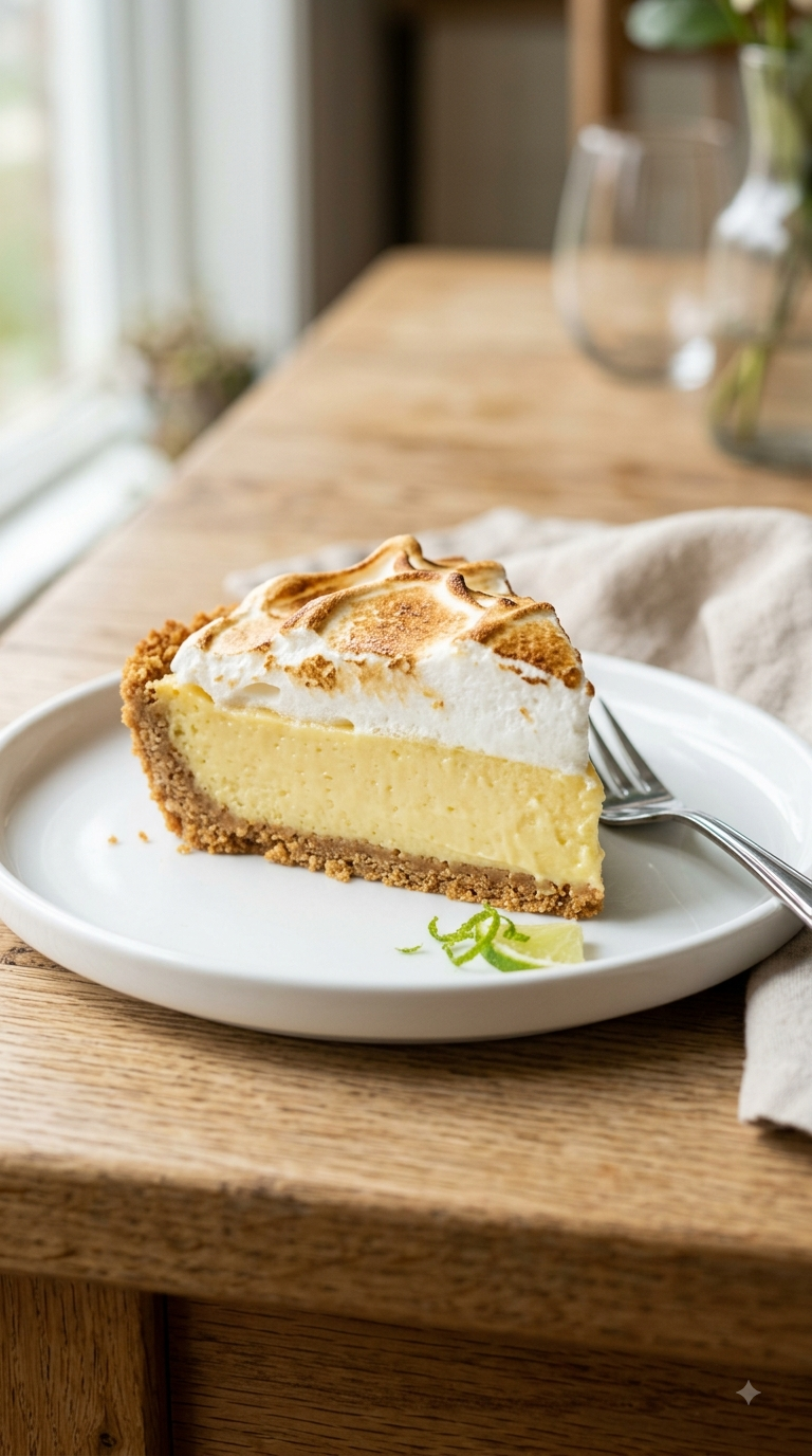 Part de key lime pie, couleur jaune pâle et meringue dorée bien visibles