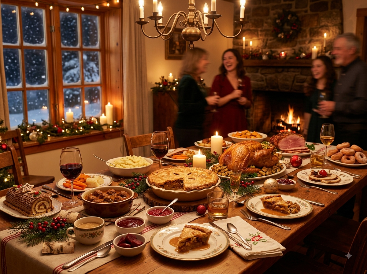 Table de réveillon québécois enneigée à l’extérieur