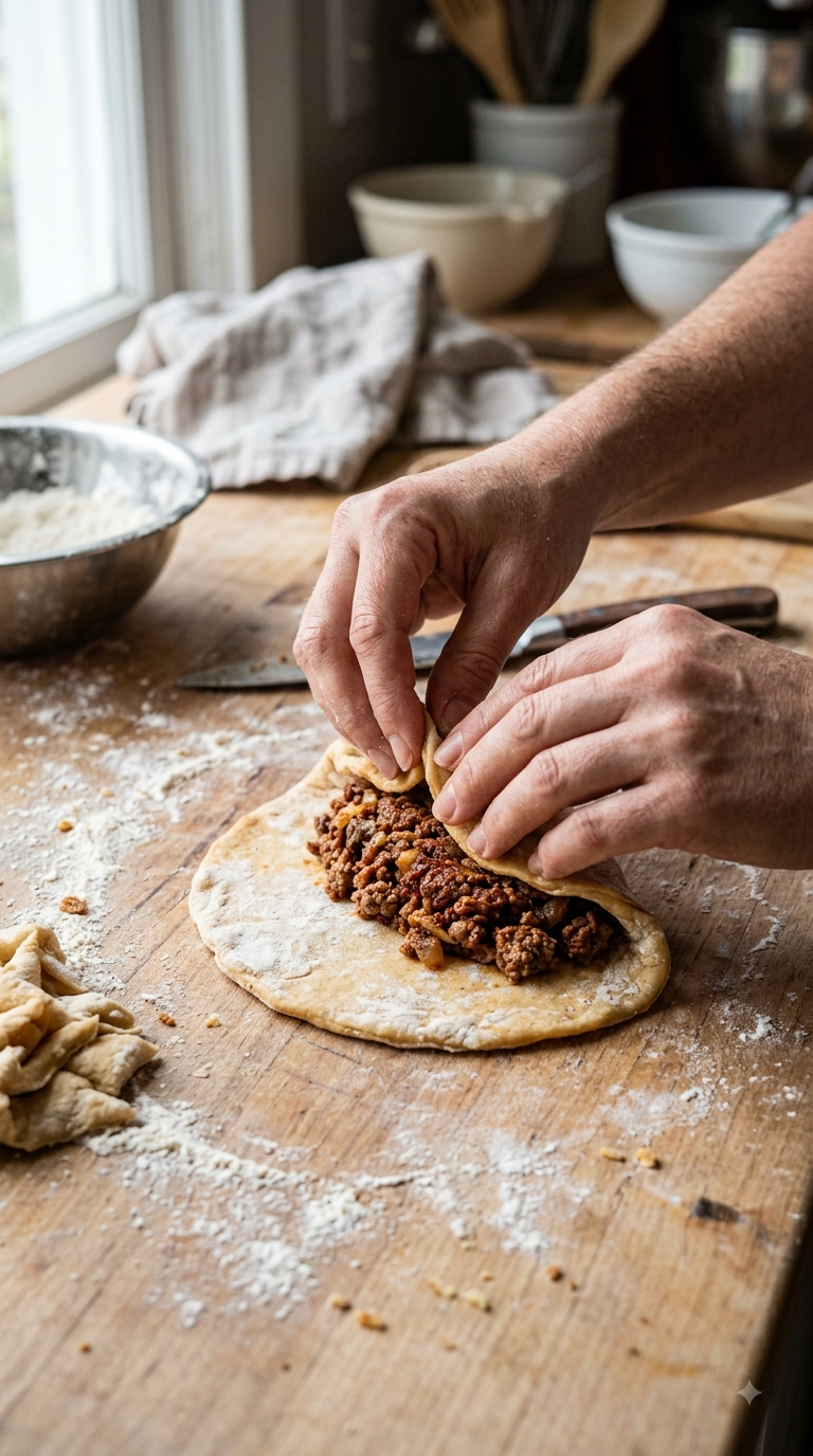 Mains refermant la pâte sur la viande épicée