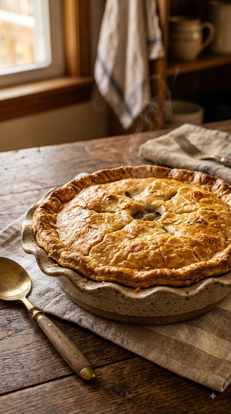 Tourtière entière tout juste sortie du four, croûte dorée bien visible