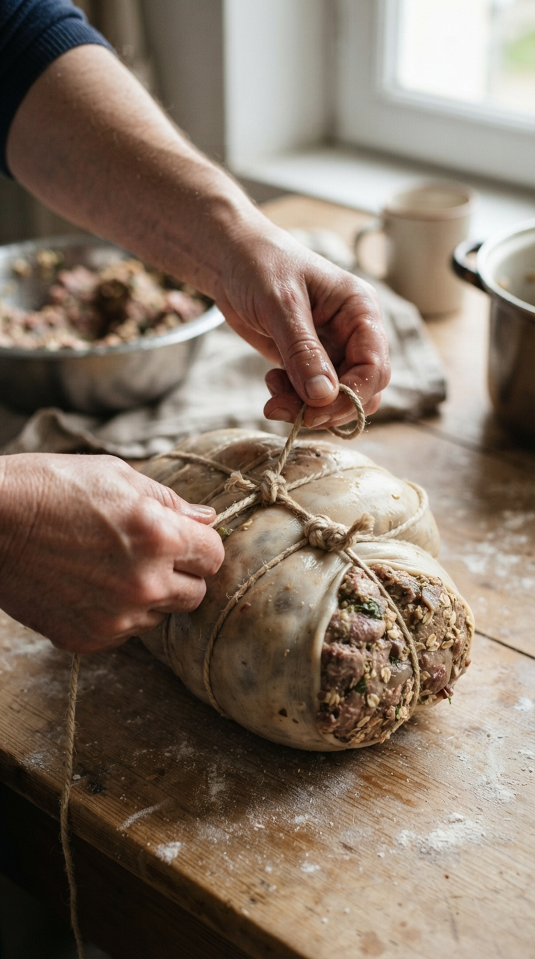 Mains remplissant l’enveloppe naturelle de farce