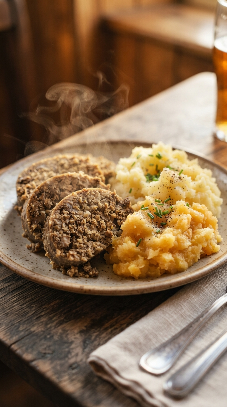 Haggis écossais coupé, farce d’avoine et d’abats bien visible