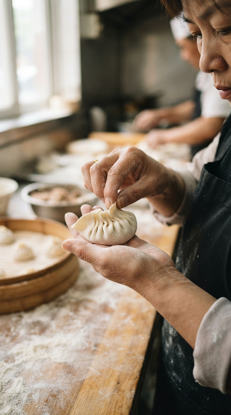 Mains plissant délicatement le ravioli au bouillon