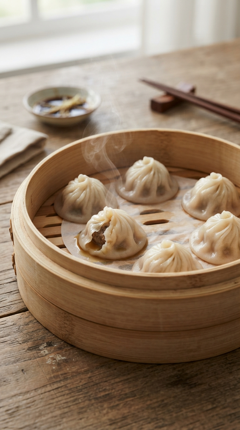Xiaolongbao vapeur, plis fins caractéristiques bien visibles