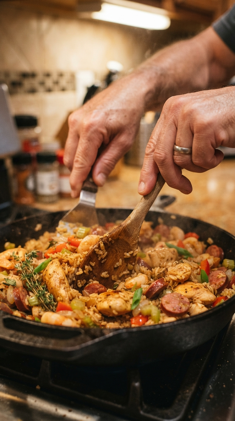 Mains ajoutant les crevettes dans la cocotte de riz