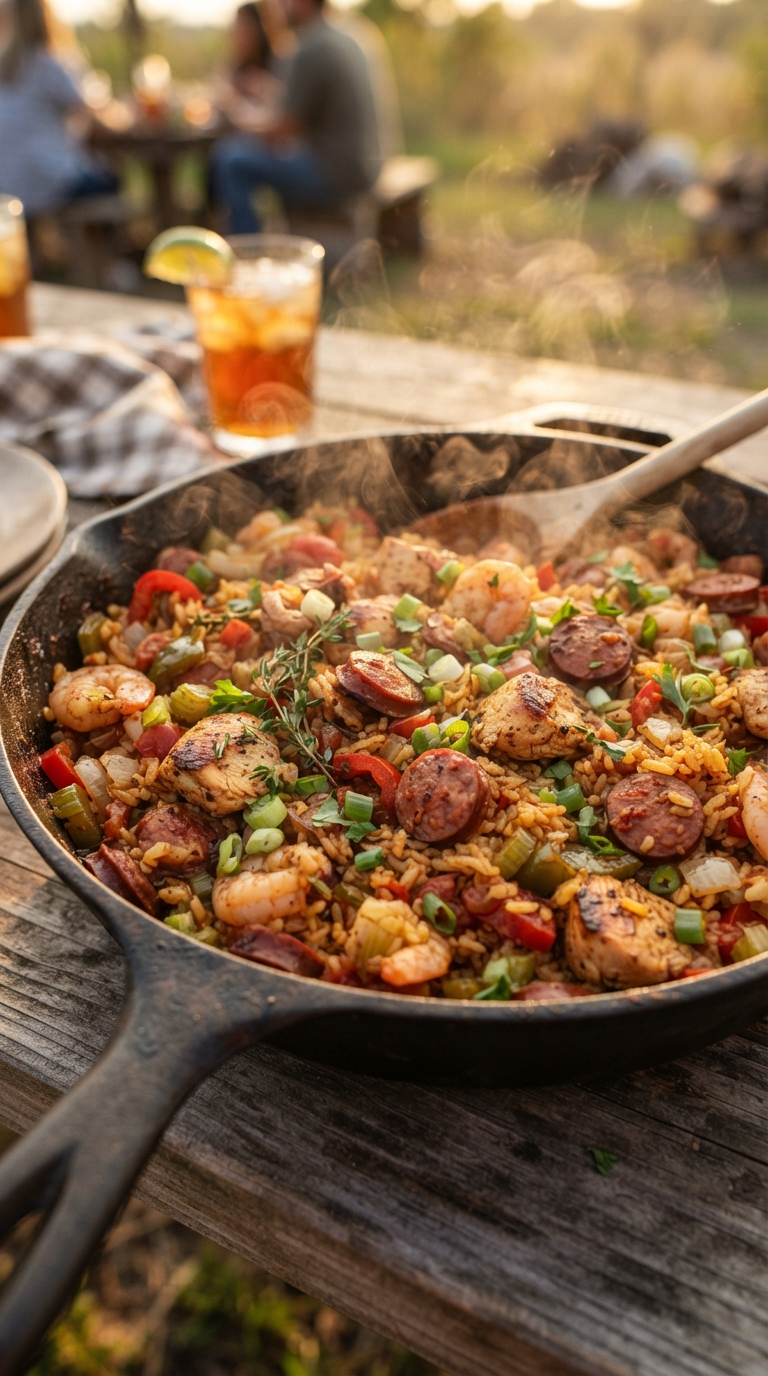 Jambalaya fumant, riz coloré et morceaux de viande bien visibles