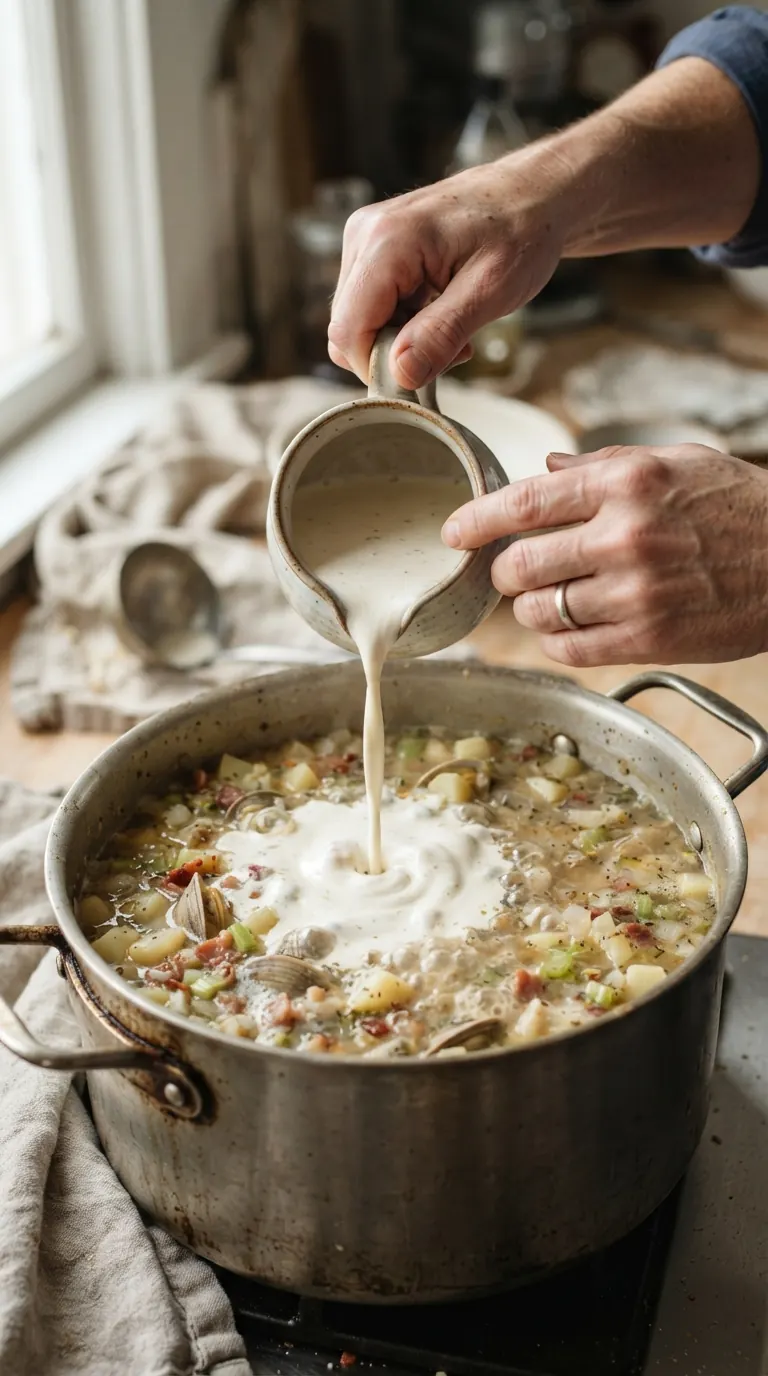 Mains ajoutant les palourdes dans le bouillon crémeux