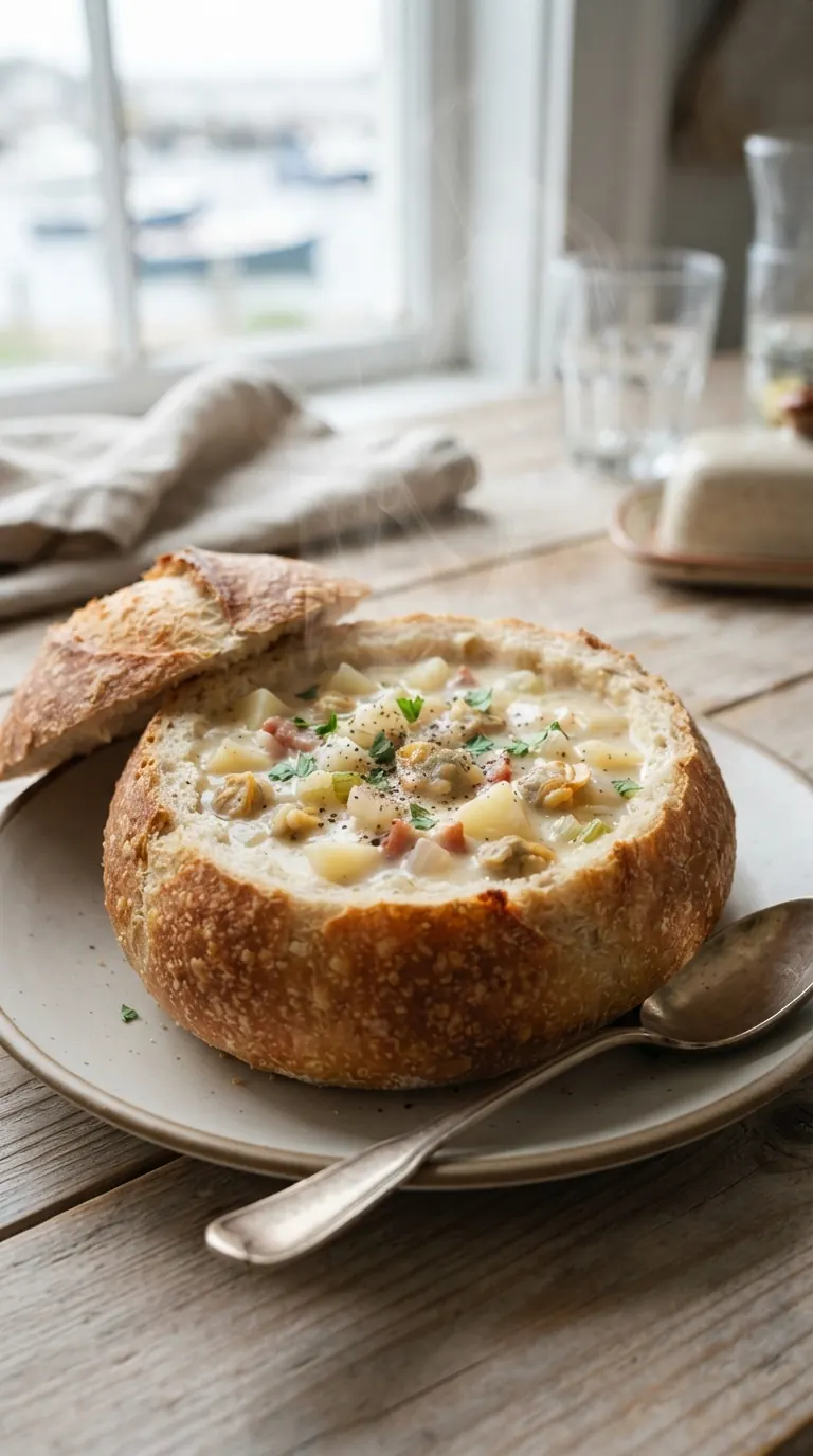 Clam chowder crémeuse, palourdes et lard bien visibles