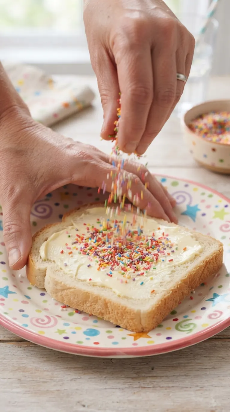 Mains parsemant les vermicelles de sucre sur le pain beurré