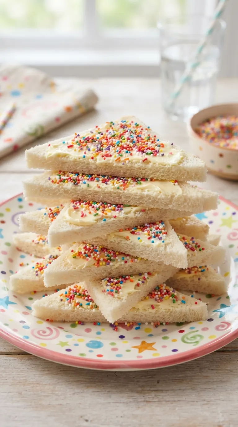 Fairy bread découpée en triangles, vermicelles colorés bien visibles