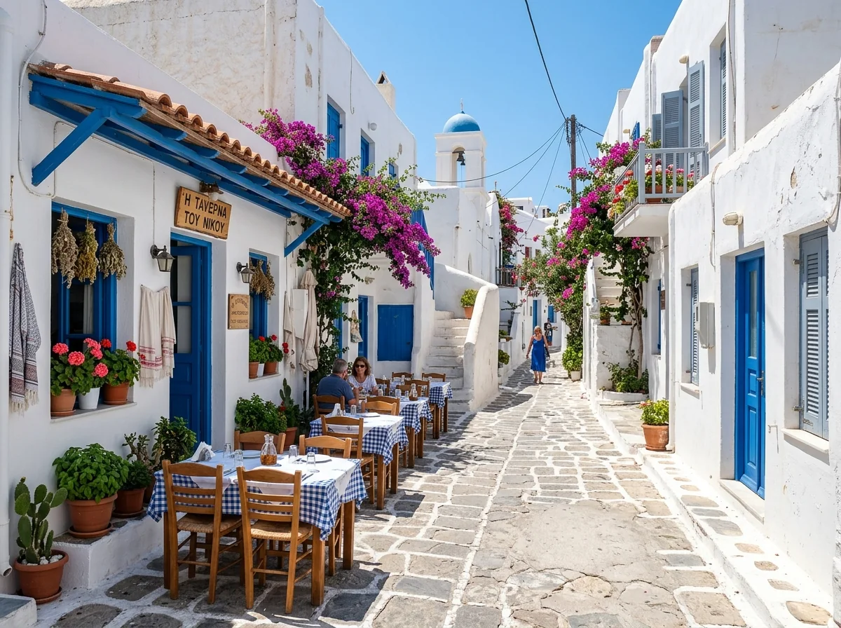 Ruelle blanche d’une île grecque avec taverne traditionnelle et tables en extérieur