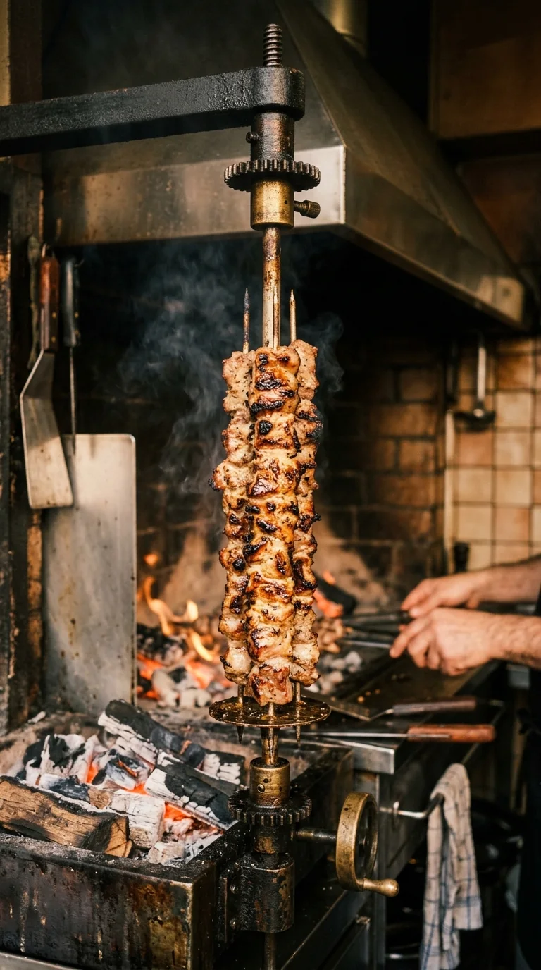 Brochettes de souvlaki tournant lentement sur un grill traditionnel grec