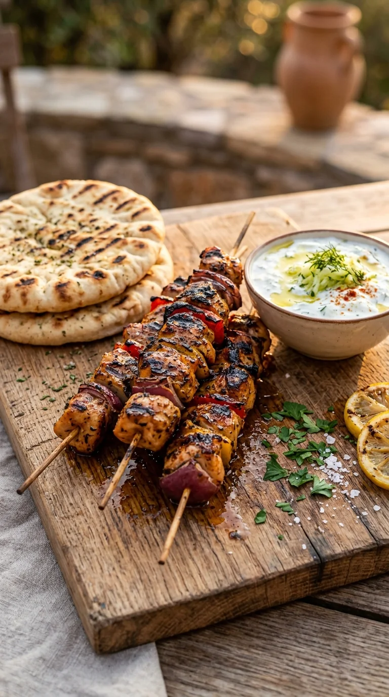 Brochettes de souvlaki grec grillées servies avec pain pita et sauce tzatziki