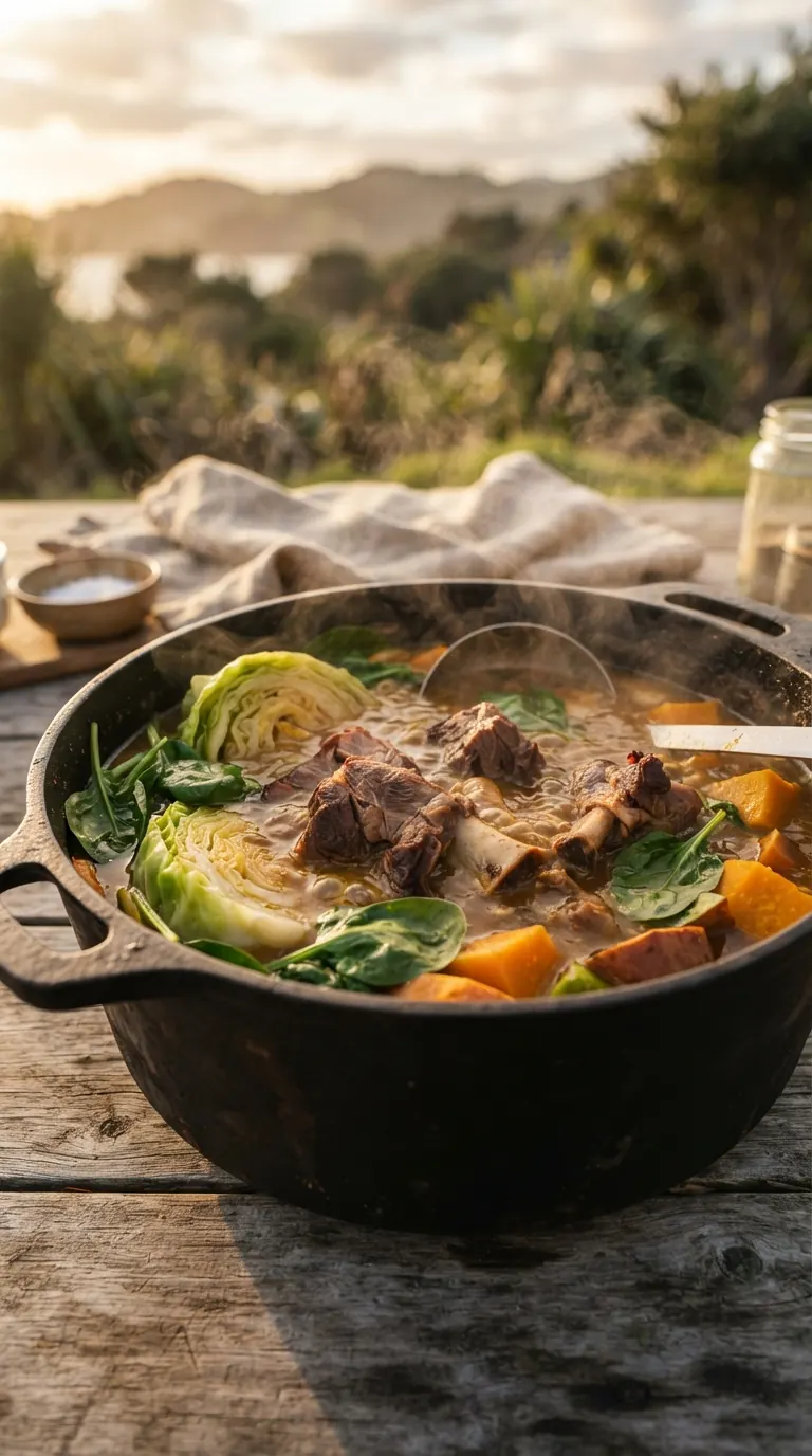 Boil-up fumant dans une grande marmite, viande et légumes-feuilles bien visibles