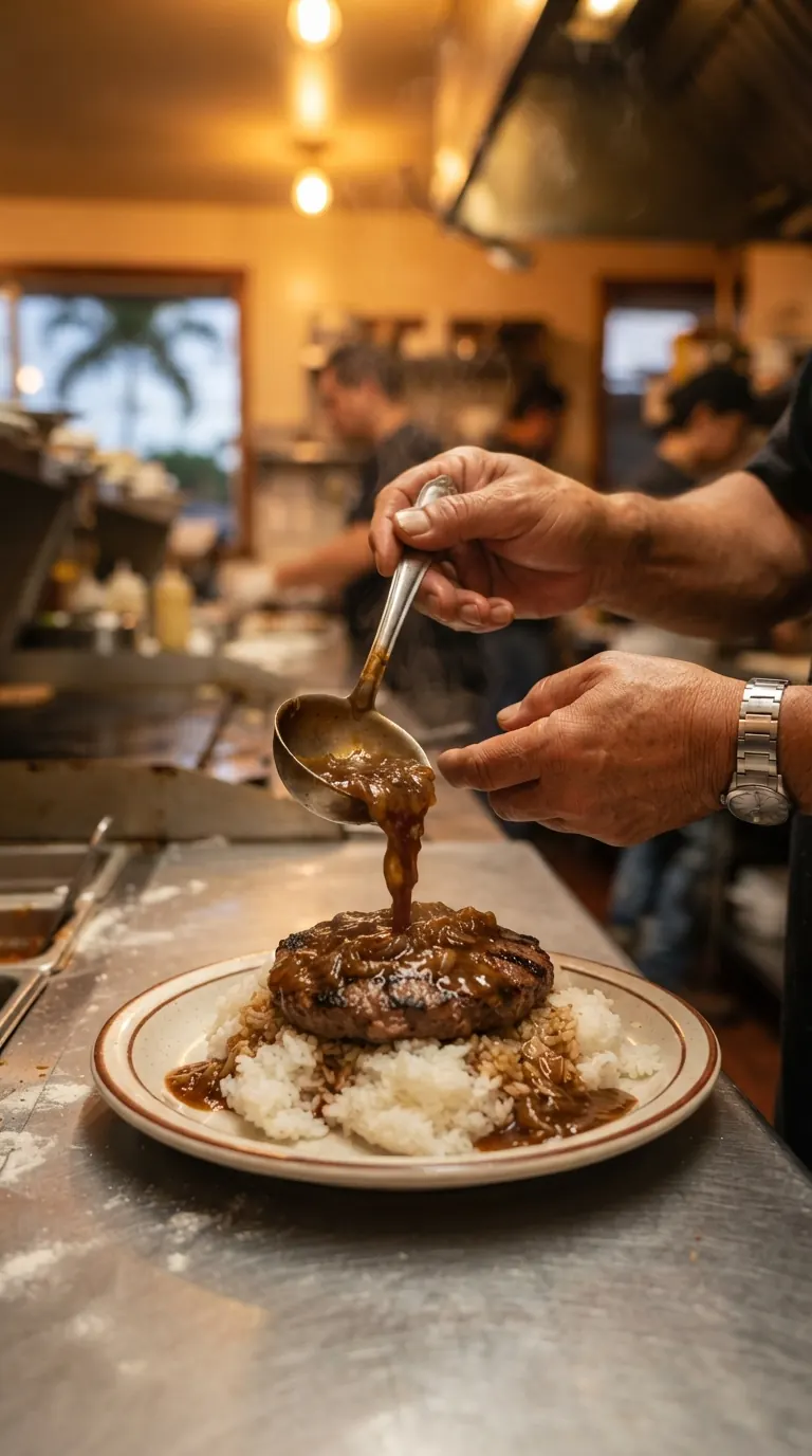 Mains nappant le riz de sauce brune