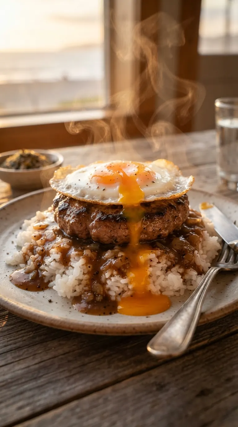 Loco moco avec œuf au plat coulant sur riz et steak haché