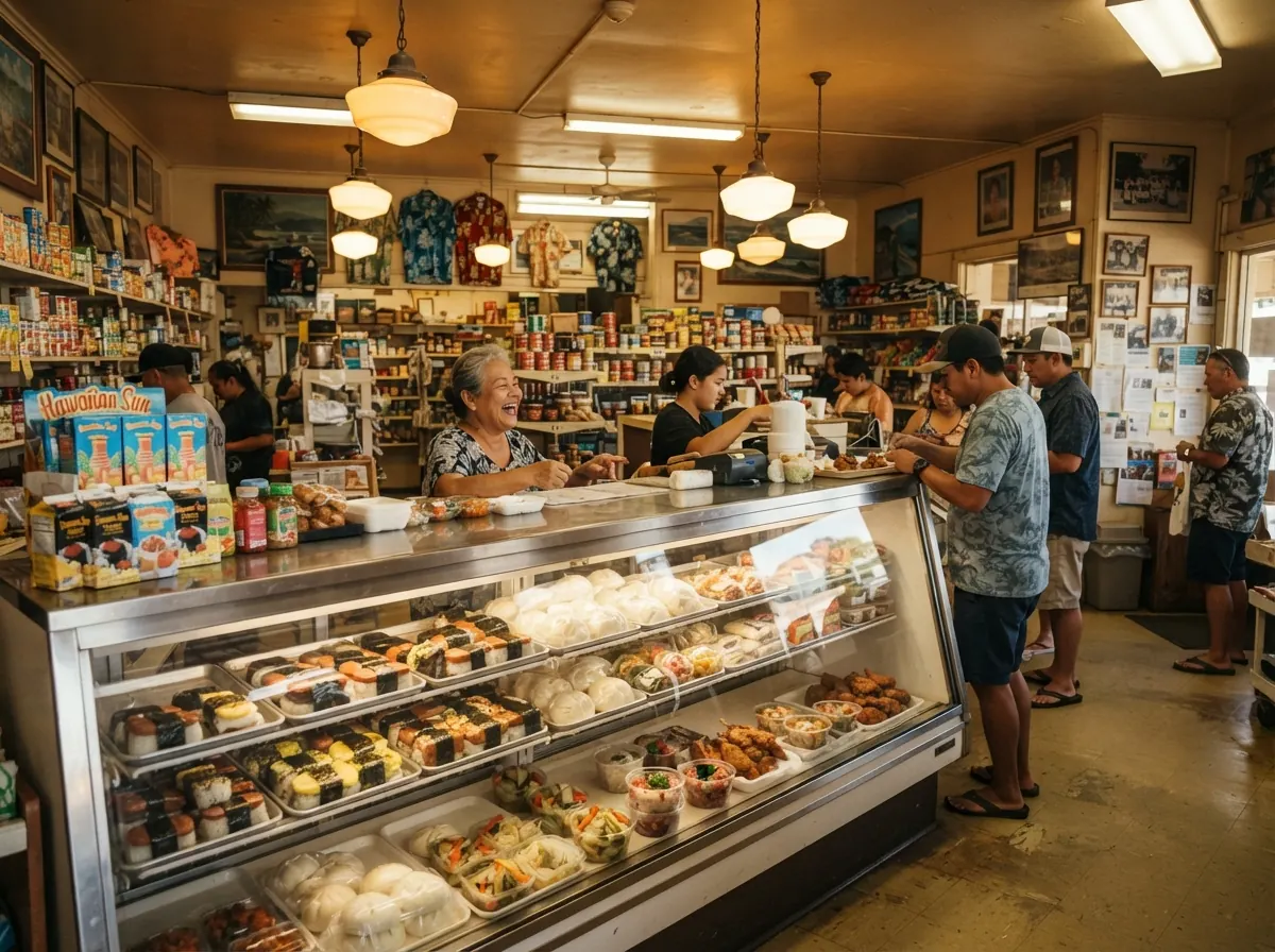 Épicerie hawaïenne avec étal de spam musubi