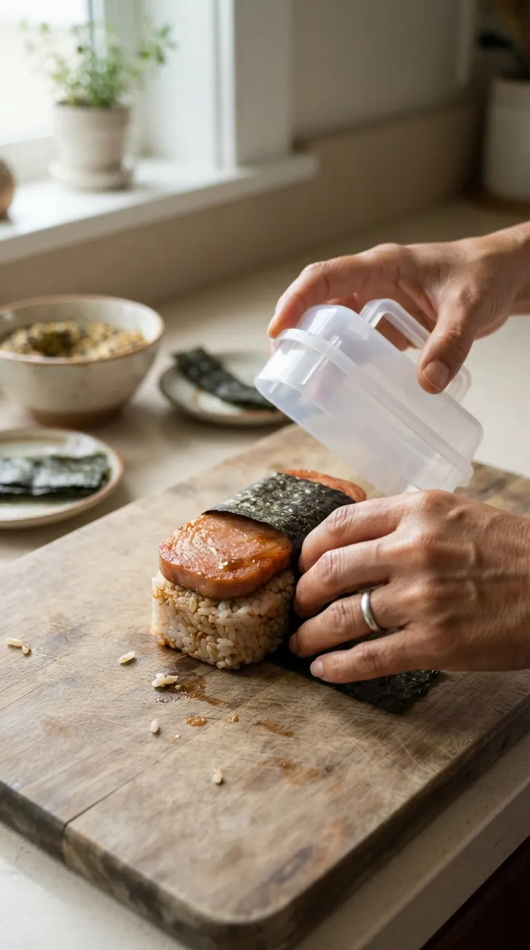 Mains ceinturant le musubi d’une bande de nori