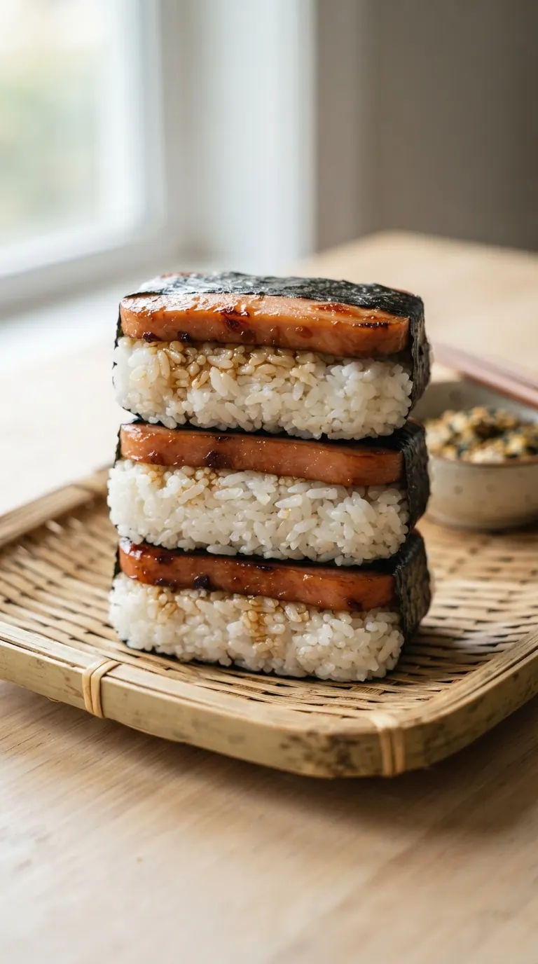Spam musubi aligné, bande de nori bien visible autour du riz