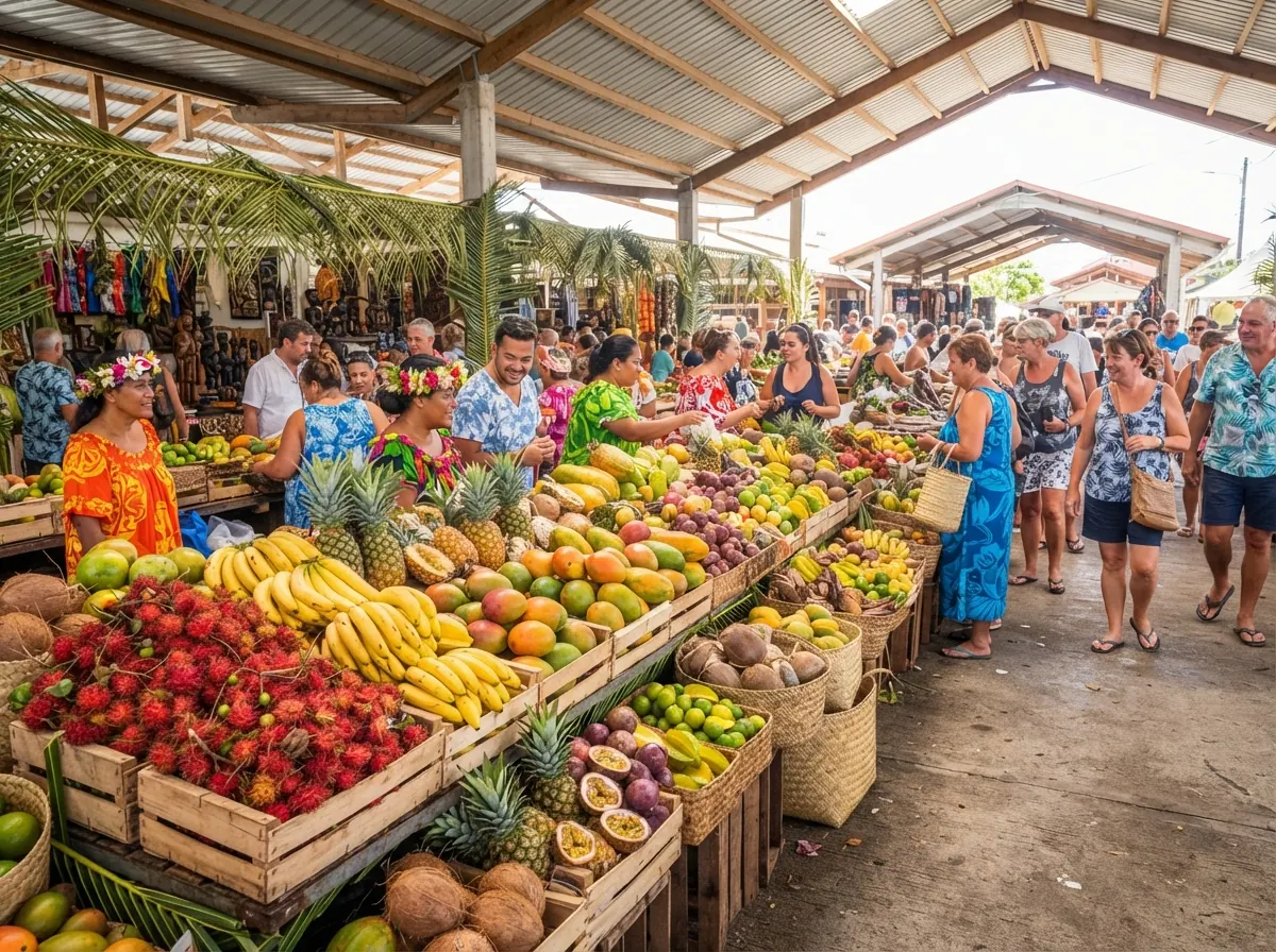 Marché polynésien avec étal de fruits tropicaux colorés