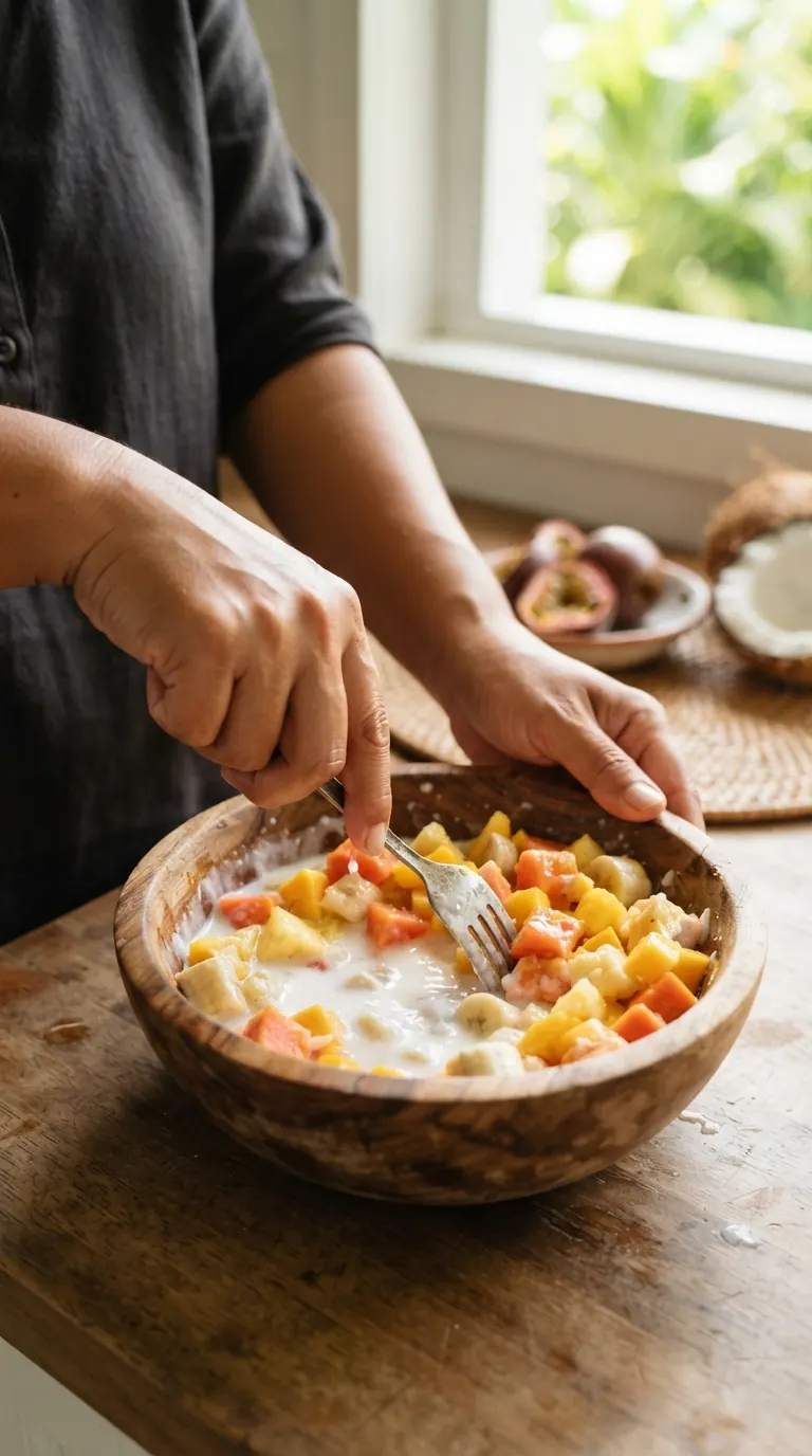 Mains mixant les fruits tropicaux frais
