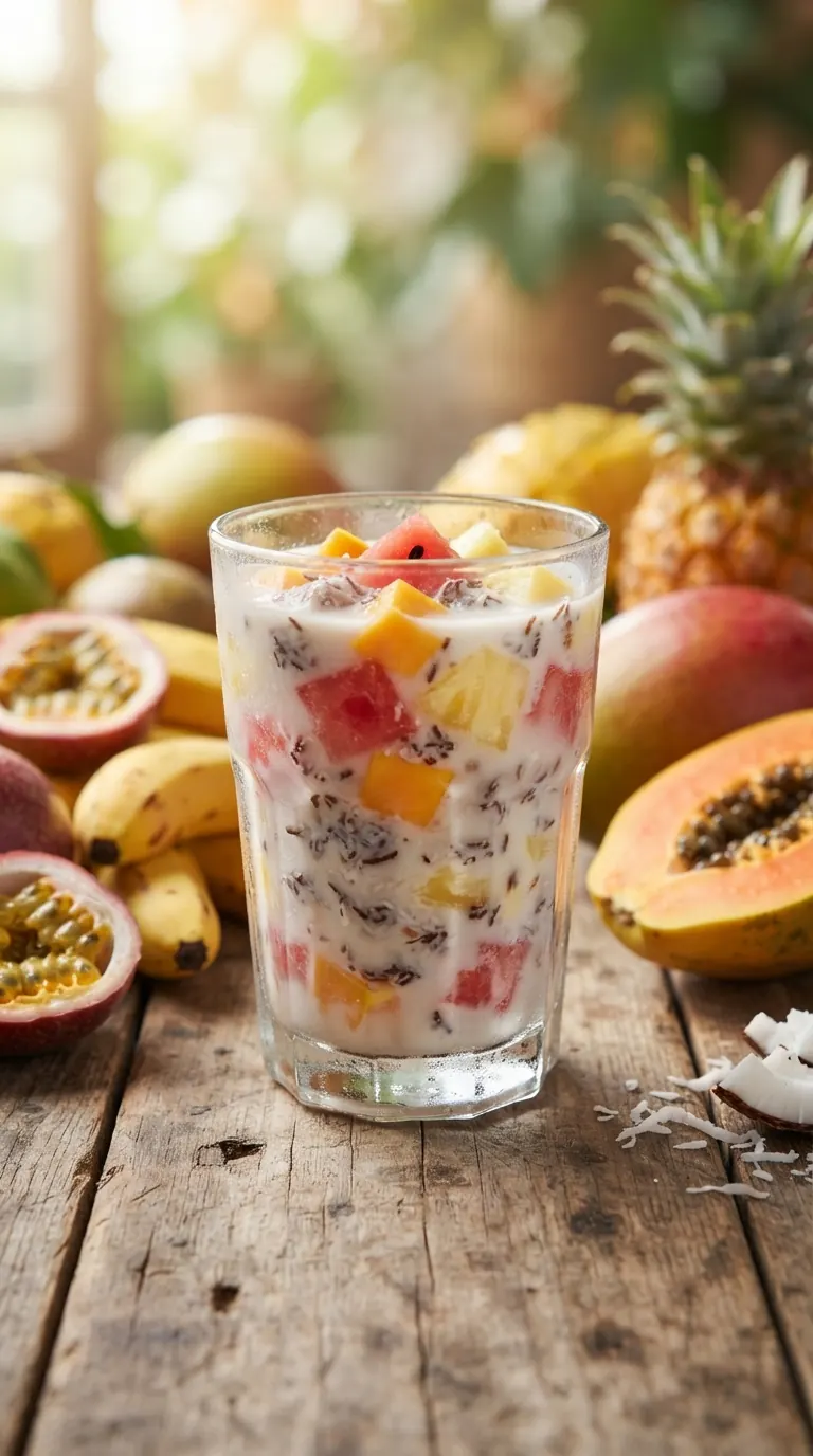 Otai polynésien coloré dans un grand bol, fruits tropicaux bien visibles