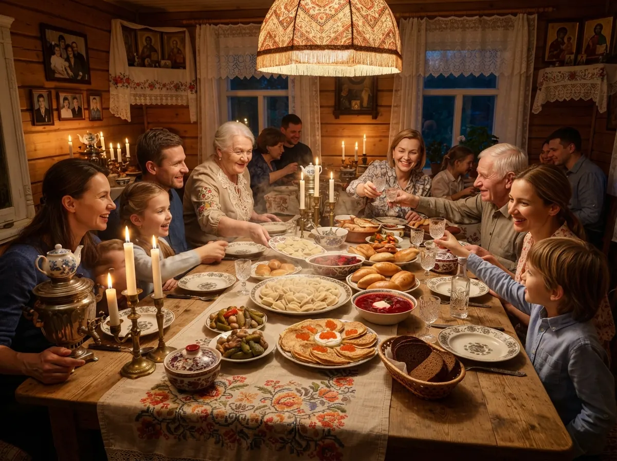 Table russe traditionnelle dressée pour un repas familial