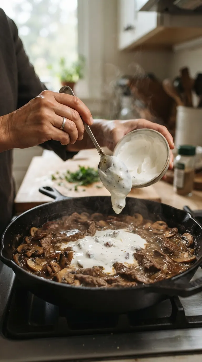 Mains versant la crème aigre dans la poêle de viande