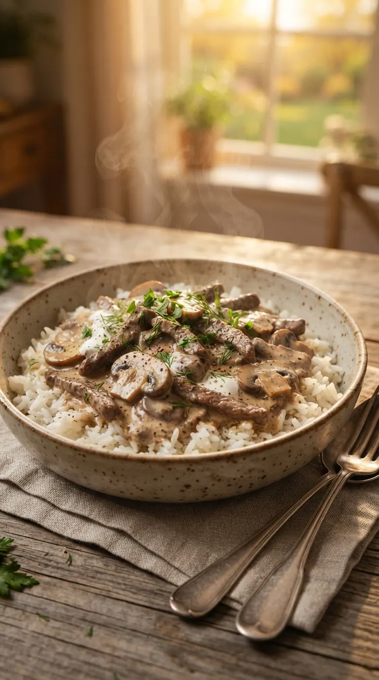 Bœuf Stroganoff fumant, sauce crémeuse et champignons bien visibles