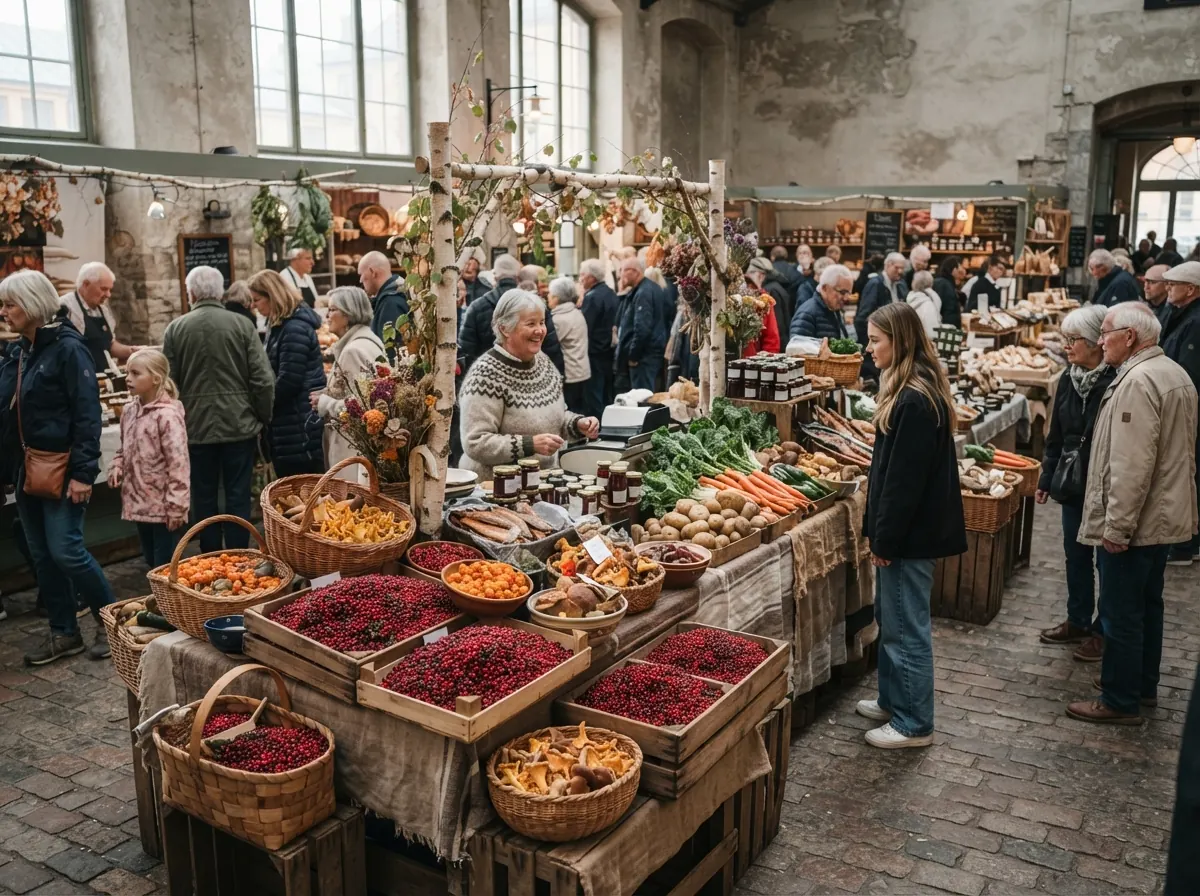 Marché suédois traditionnel avec étal de produits locaux