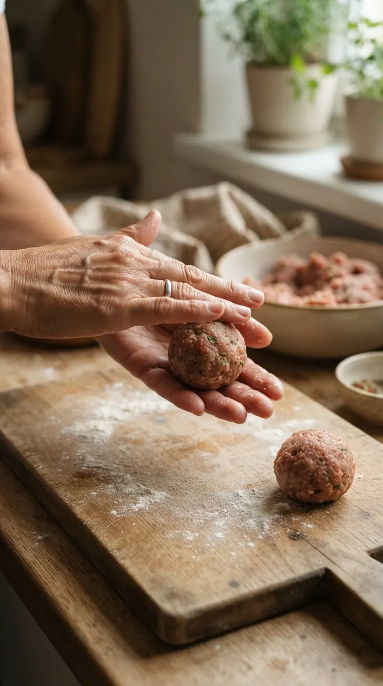 Mains façonnant les boulettes de viande