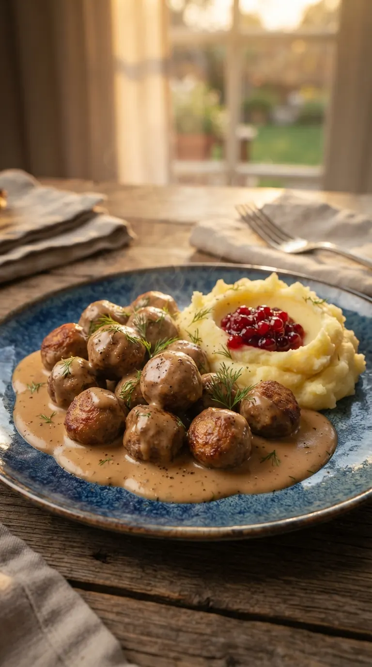 Köttbullar dorées nappées de sauce crémeuse, confiture d’airelles à côté