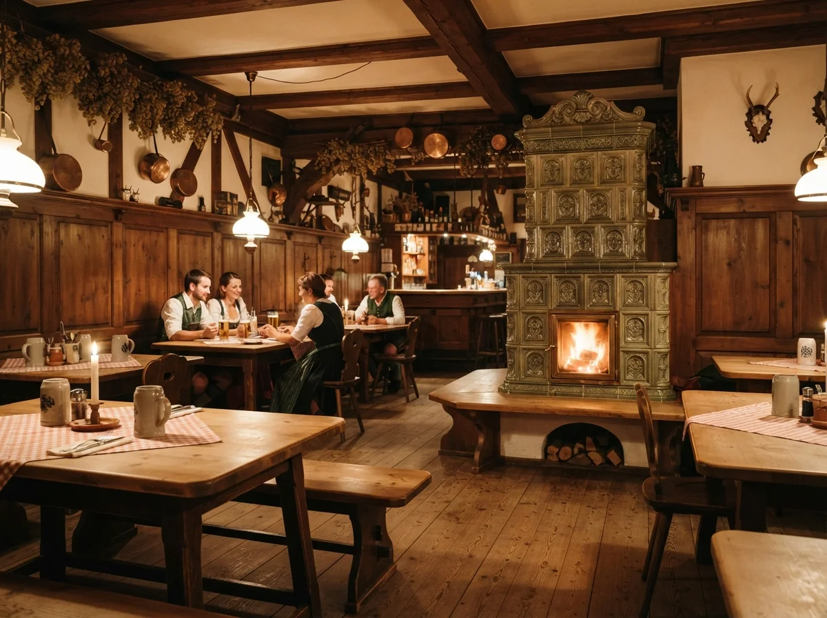 Auberge bavaroise traditionnelle avec poêle en faïence et tables en bois massif