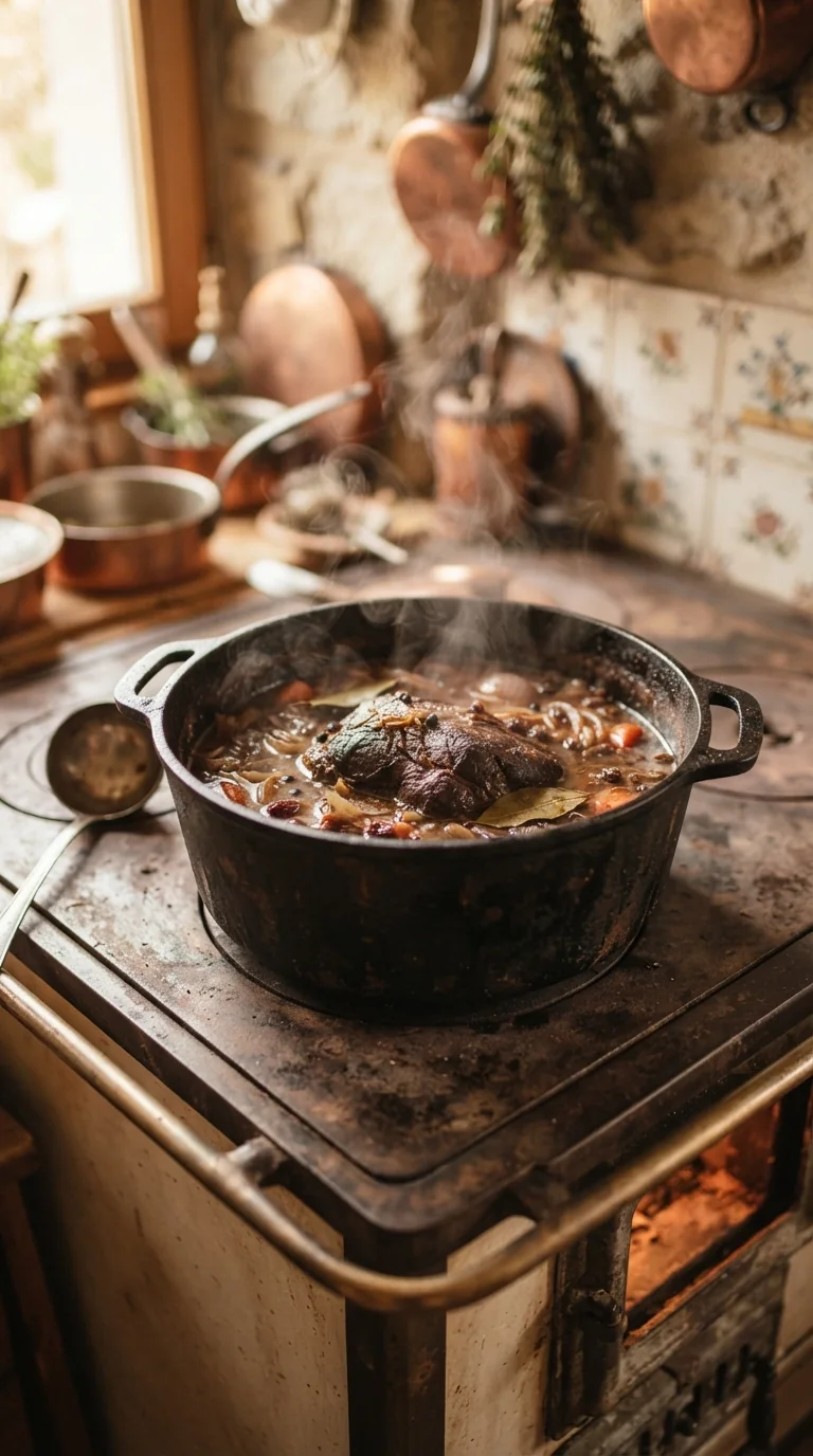 Marmite en fonte de sauerbraten mijotant longuement sur une cuisinière traditionnelle allemande