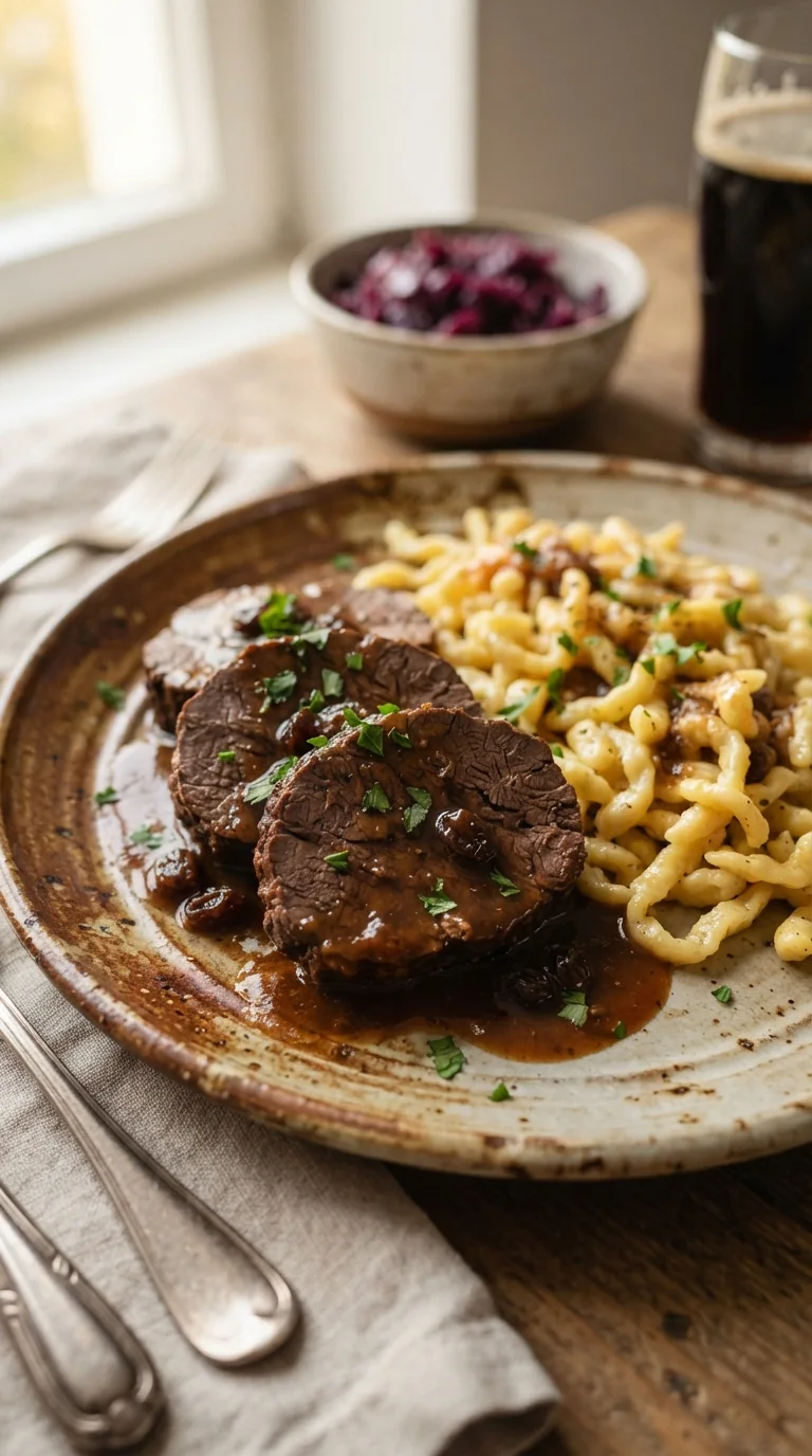Tranches de sauerbraten allemand nappées de sauce brune, servies avec des spaetzle