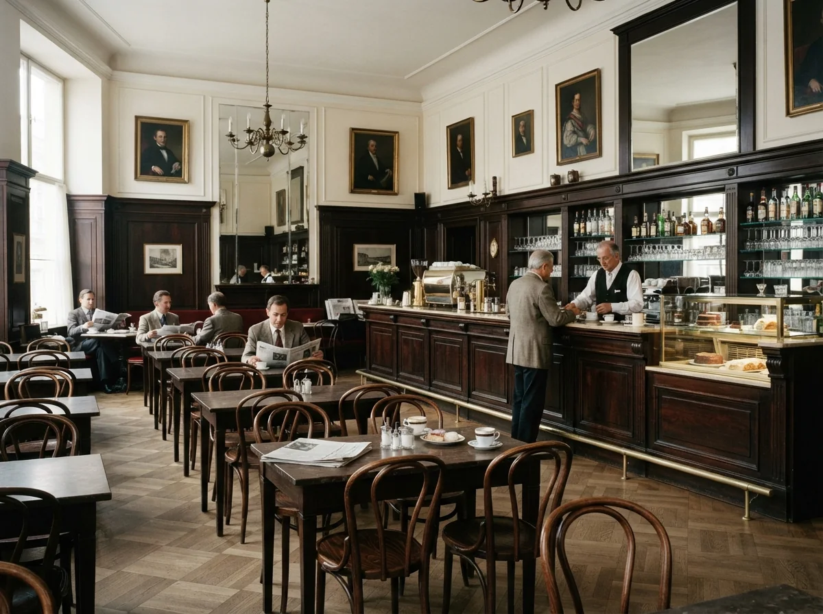 Café viennois traditionnel avec comptoir en bois et intérieur classique