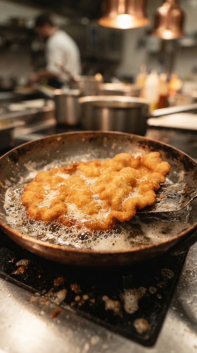 Escalope viennoise frite flottant dans le beurre clarifié chaud d’une poêle