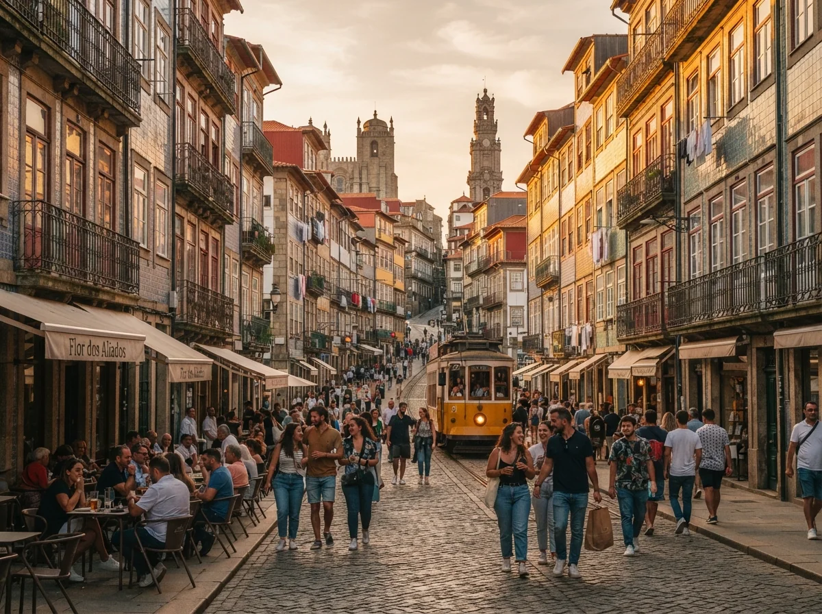 Rue animée du centre historique de Porto avec façades typiques
